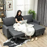 Ecksofa mit Schlaffunktion 3-Sitzer Sofa und Bettkasten, Leinenoptik Dunkelgrau – Bild 10