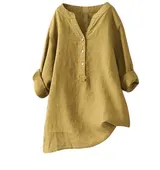 Damen Leinenhemd V Ausschnitt Bluse Leicht Bequem Sommer Freizeit Shirt Tops – Bild 10