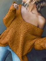 Damen Pullover Grobstrick Oversize Over Shoulder Pulli V-Ausschnitt WinterHerbst – Bild 7