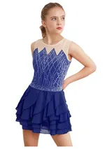DE Kinder Mädchen Eiskunstlauf Kleid Strass Tanzkleid Gerafftes Ärmellos Trikot – Bild 3