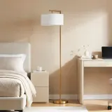 Stehlampe Stehleuchte E27 Sockel für Wohnzimmer Stahl Stoffschirm Goldoptik – Bild 3