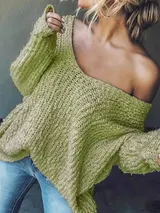 Damen Pullover Grobstrick Oversize Over Shoulder Pulli V-Ausschnitt WinterHerbst – Bild 1