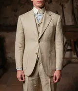 Herren 3-teiliger Leinen Anzug Vintage Sakko Weste Hose Hochzeit  Sommer Kostüm – Bild 4