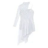 DE Mädchen Tanzkleid Langarm Ballett Tanzrock Ein Schulter Spitze Ballettkleid – Bild 6