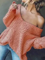 Damen Pullover Grobstrick Oversize Over Shoulder Pulli V-Ausschnitt WinterHerbst – Bild 9
