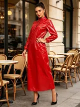 DE TiaoBug Damen Negligee Lang Wasserdichte Maxikleid Langarm Lackleder Kleid – Bild 12