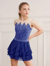 DE Kinder Mädchen Eiskunstlauf Kleid Strass Tanzkleid Gerafftes Ärmellos Trikot – Bild 7