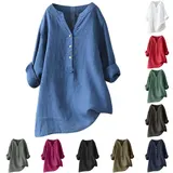 Damen Leinenhemd V Ausschnitt Bluse Leicht Bequem Sommer Freizeit Shirt Tops – Bild 24