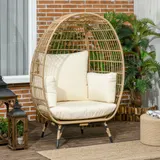 Outsunny Rattansessel Korbform mit Sitzkissen erhöhter Gartensessel für Balkon Terrasse Metall Khaki 105 x 97 x 150 cm   Aosom.de – Bild 3