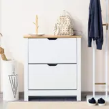 HOMCOM Schuhschrank Schuhkipper Schuhregal 2 Klappen für 12 Paar Schuhe platzsparend Schuhständer für Flur und Eingangsbereich Spanplatte Weiß+Natur 72 x 26 x 80 cm   Aosom – Bild 3