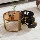 Couchtisch Set Moderner Couchtisch 70x70 mit 2 Schubladen Hochglanz Glasplatte MDF und Metallbeine Schwarz 2-in-1 Set stabil   Aosom.de – Bild 3