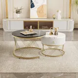 Couchtisch rund 2er set mit Schubladen Marmoroptik Golddekor 70x70cm Modularer Set Design Eleganz für Wohnzimmer   Aosom.de – Bild 3