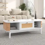 Couchtisch Rattan 110x55 cm mit Schubladen, Rustikaler Design, Massivholzbeine, 110L x 55B x 38,5H cm, Stabile Holzfüße, Weiss Holzfarbe   Aosom.de – Bild 1
