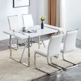 Set aus 4 modernen Esszimmerstühlen mit hoher Rückenlehne aus PU & Leinen, ergonomisches Design, schützende Füße, Weiß – Bild 3