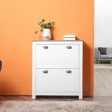 HOMCOM Schuhschrank mit 2 abklappbaren Türen, 2 Fächern, silberne Muschelgriffe, MDF Weiß Hell Eiche   Aosom – Bild 3