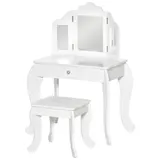 HOMCOM Kinderschminktisch mit Hocker, dreiteiligem Spiegel und ausziehbarer Schublade - Schminktisch Maße 63L x 40B x 85,5H cm - Weiß Acryl   Aosom – Bild 1