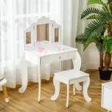 HOMCOM Kinderschminktisch mit Hocker, dreiteiligem Spiegel und ausziehbarer Schublade - Schminktisch Maße 63L x 40B x 85,5H cm - Weiß Acryl   Aosom – Bild 3