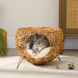PawHut Katzenhaus Katzenkorb auf Ständer aus Rattan mit dickem Kissen Ø 40 x 32 cm Hellbraun   Aosom – Bild 3