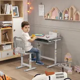 HOMCOM Kinder-Schreibtisch mit Stuhl, Kinder-Schreibtisch und Stuhl-Set mit höhenverstellbar, bis zu 45 ° neigbarer Tischplatte, Schublade, Stifthalter und Haken - in Stahl Grau Weiß   Aosom – Bild 3