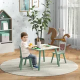 ZONEKIZ Kindertisch und 2 Stühle für Kinder 3-8 Jahre Set 3-teilig Tiermotiv für Schlafzimmer Spielzimmer mit massiven grünen Holzbeinen   Aosom – Bild 3