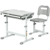 HOMCOM Kinder-Schreibtisch mit Stuhl, Kinder-Schreibtisch und Stuhl-Set mit höhenverstellbar, bis zu 45 ° neigbarer Tischplatte, Schublade, Stifthalter und Haken - in Stahl Grau Weiß   Aosom – Bild 1