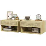 HOMCOM Set von 2 bohemischen Wandnachttischen Nachttisch - ausziehbare Schublade, Fach, Regal - Holz mit geflochtener Rattanfront Maße 40L x 34B x 23H cm   Aosom – Bild 1