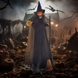HOMCOM 190cm Halloween Dekoration Halloween-Hexe mit LED-Lichter, Soundfunktion, Haustür Deko mit verstellbare Arme, Garten Dekofigur in Lebensgröße für Party   Aosom – Bild 3