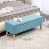 HOMCOM Sitzbank Polsterbank mit Stauraum Bettbank mit Leinenoptik für Flur Schlafzimmer Wohnzimmer Gummiholz Blau 110 x 39 x 45 cm   Aosom – Bild 3