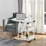 HOMCOM Beistelltisch mit Rollen  Höhenverstellbarer Couchtisch, 2 Regale, E1 Spanplatte, Weiß, 80x40x72-82 cm  Aosom – Bild 3