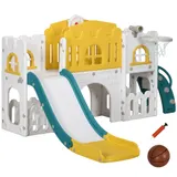 AIYAPLAY Kinderrutsche, 7 in 1, Kleinkinderrutsche mit Basketballkorb, Klettergerüst, Teleskop, Tunnel, Lenkrad, Plattformgang, Aufbewahrungskorb， Kinder Spielplatz für 1 bis 3 Jahre Kinder   Aosom – Bild 1