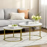 HOMCOM 2er-Set Couchtisch, Runder Beistelltisch, Kaffeetisch mit Stahlgestell in Gold, stapelbar Sofatisch mit Marmoroptik, für Wohnzimmer, bis 30 kg belastbar, Weiß   Aosom – Bild 3
