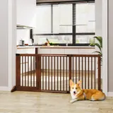 PawHut Absperrgitter  Freistehendes Hunde Türschutzgitter mit Tür, Schutzgitter aus Holz, Braun, 113-166x36x71cm  Aosom – Bild 3