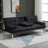 HOMCOM 3-Sitzer Schlafsofa Schlafcouch für Wohnzimmer, mit klappbarem Tisch & Becherhalter, Leinenoptik, Skandi-Design, bis 250 kg, Grau   Aosom – Bild 3