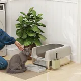 PawHut Katzentoilette mit Deckel, Katzenklo mit Schaufel, Wanne aus Edelstahl Katze Toilettenhaus mit Aufbewahrungsbox für Katze unter 4,5 kg, Indoor, Hellgrau   Aosom – Bild 3