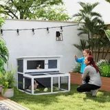 PawHut Hasenstall 2 Ebenen mit klappbar Dach Kaninchenstall aus Vollholz Winterfest Doppelstockhaus mit Freilaufgehege 122x95x93,5 cm Kaninchenkäfig Outdoor Kleintierstall für Hasen Kaninchen Grau   Aosom – Bild 3