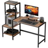 HOMCOM Schreibtisch Computertisch mit Monitorständer, CPU-Ständer, Bürotisch mit Druckerablage, PC Tisch mit 4 Regalen, Modern-Design für Home Office, 150 x 48 x 125 cm, Braun   Aosom – Bild 1