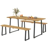 Outsunny Sitzgruppe 3-teilig Holz Essgruppe für 6 Personen Esstisch mit 2 Bänke Schirmloch Esszimmergruppe mit Holztisch Küchentisch-Set Balkonmöbel Gartenmöbel für Terrasse, Balkon Naturholz   Aosom – Bild 1