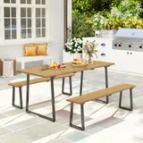 Outsunny Sitzgruppe 3-teilig Holz Essgruppe für 6 Personen Esstisch mit 2 Bänke Schirmloch Esszimmergruppe mit Holztisch Küchentisch-Set Balkonmöbel Gartenmöbel für Terrasse, Balkon Naturholz   Aosom – Bild 3