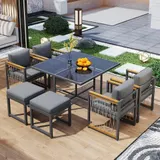 7-Teiliges Outdoor Esstisch- und Stuhlset mit Gehärtetem Glasplatte, Armlehnen, Kissen, für 6 Personen, Schwarz – Bild 3