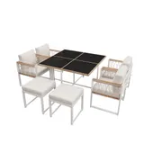 7-Teiliges Outdoor Esstisch- und Stuhlset mit Gehärtetem Glas, Rattangeflecht, Sitzkissen, für 6 Personen, Schwarz+Weiß – Bild 1
