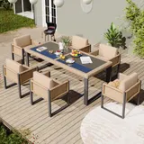 Rattan Tisch- und Stuhlset，mit 1 Tisch und 6 Stühle, Tischplatte aus Gehärtetem Glas, Braun+Schwarz – Bild 3