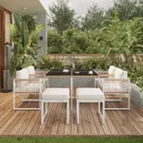 7-Teiliges Outdoor Esstisch- und Stuhlset mit Gehärtetem Glas, Rattangeflecht, Sitzkissen, für 6 Personen, Schwarz+Weiß – Bild 3
