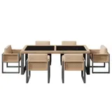 Rattan Tisch- und Stuhlset，mit 1 Tisch und 6 Stühle, Tischplatte aus Gehärtetem Glas, Braun+Schwarz – Bild 1