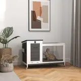 PawHut Kaninchenstall aus Holz Hasenstall mit Freilaufgehege Rädern Klappdach Ausziehbarem Tablett Metallgitter Winterfest Meerschweinchenstall Kaninchenkäfig für Innen, draußen 92x52x67 cm Dunkelgrau   Aosom – Bild 3