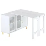 Moderner Buffet-Sideboard mit klappbarer Tischplatte, drehbarer Oberfläche, goldenen Metallbeinen und Glasschiebetüren, 116x40x78,5 cm, Weiß – Bild 1