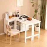 Moderner Buffet-Sideboard mit klappbarer Tischplatte, drehbarer Oberfläche, goldenen Metallbeinen und Glasschiebetüren, 116x40x78,5 cm, Weiß – Bild 3