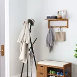 HOMCOM Wandgarderobe Garderobe mit 4 Haken Ablage, Wandmontage platzsparend Garderobenpaneel 5 kg belastbar, für die Wand Flur Schlafzimmer 50 x 16 x 17,5 cm Naturholz   Aosom – Bild 3