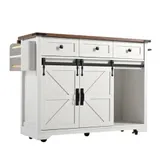 Kücheninsel mit klappbare Tischplatte, Servierwagen auf Rollen mit 2 Schiebetüren und 3 Schubladen, 140x45/73x94 cm, Beige – Bild 1