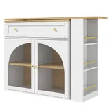 Ausziehbarer Bartisch mit Stauraum, 360° drehbare Essbar mit dreistufigem Seitenregal und Sicherheitsglas-Türen, 138-204x39x104 cm, Weiß – Bild 1