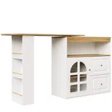 360° drehbarer Sideboardschrank, mit 2 Schubladen, Snackregal, Bogenglas, 138-204x39x104 cm, Weiß – Bild 1